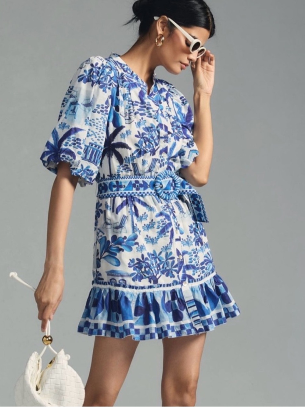 Farm Rio White & Blue Floral Mini  Dress with Beaded Belt